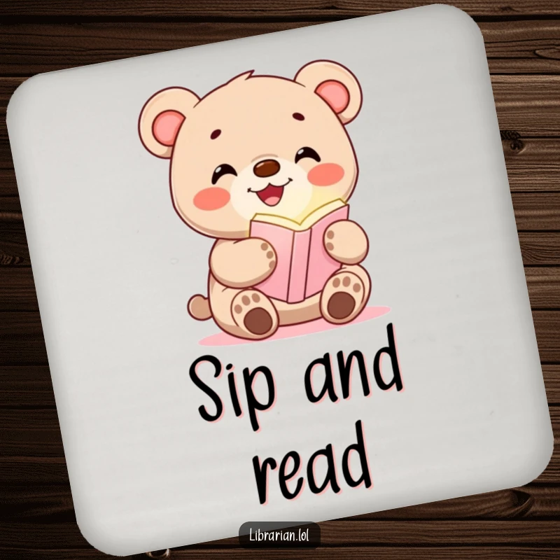 Funny coasters featuring a happy bear cub holding a glowing bookmark, protecting surfaces with reading charm.