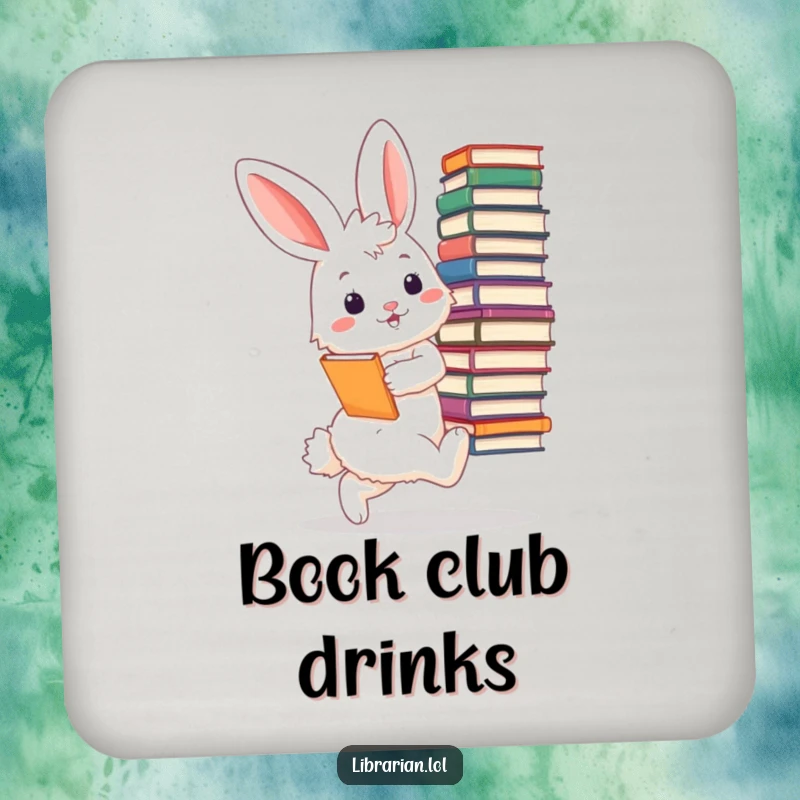 Funny bunny librarian coaster, protects surfaces, shows a fluffy bunny tiptoeing with a stack of enormous books, looking very pleased.