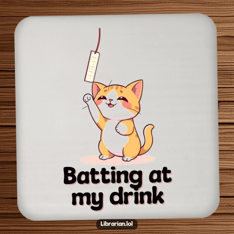 Funny Cat Bookmark Coaster: A playful cat bats at a dangling bookmark on this coaster.