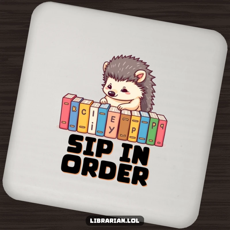 Funny drink coaster featuring a determined hedgehog alphabetizing tiny books, protecting surfaces with organized humor.