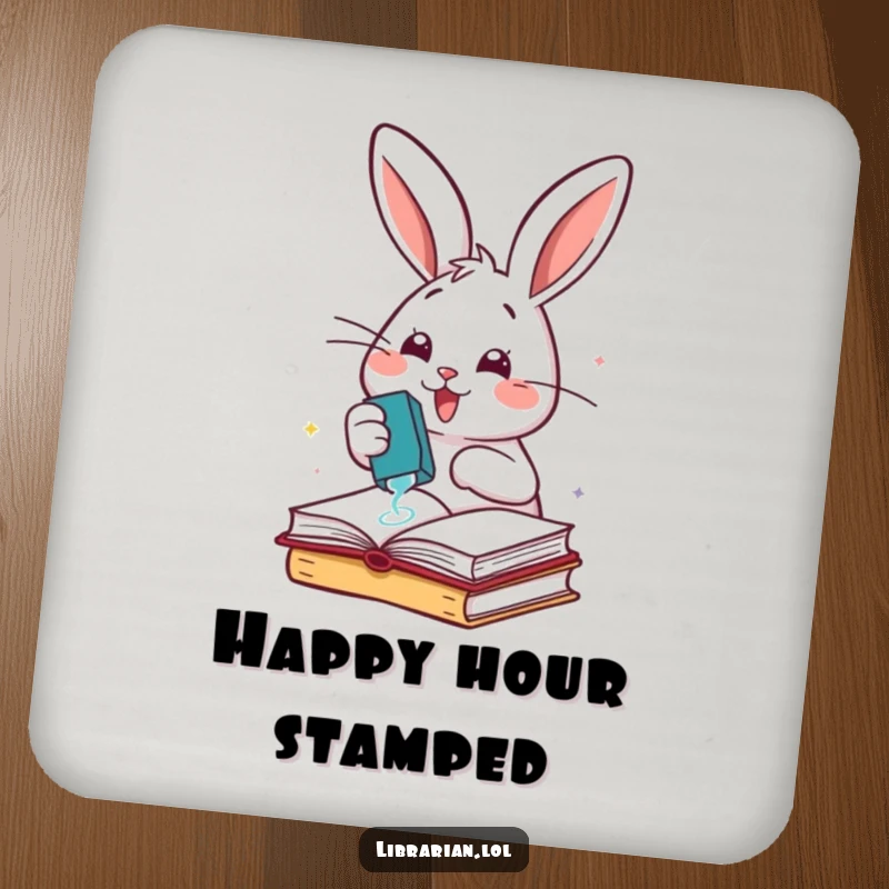 Funny cheerful rabbit enthusiastically stamping books with a rubber stamp, on drink coasters.