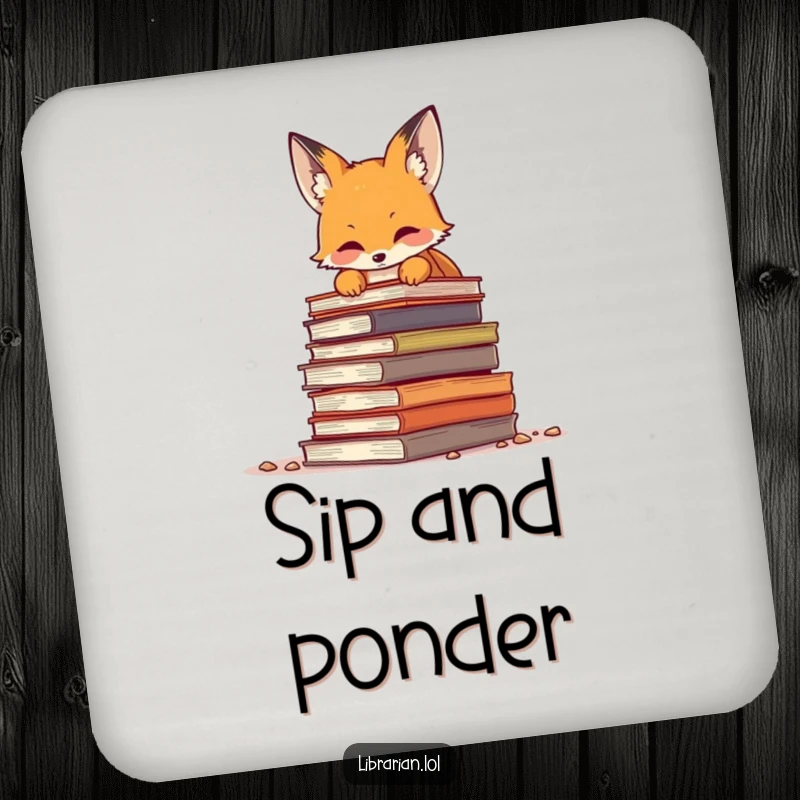 Funny fox peering over a large pile of dusty books on a set of drink coasters, protecting furniture with literary flair.
