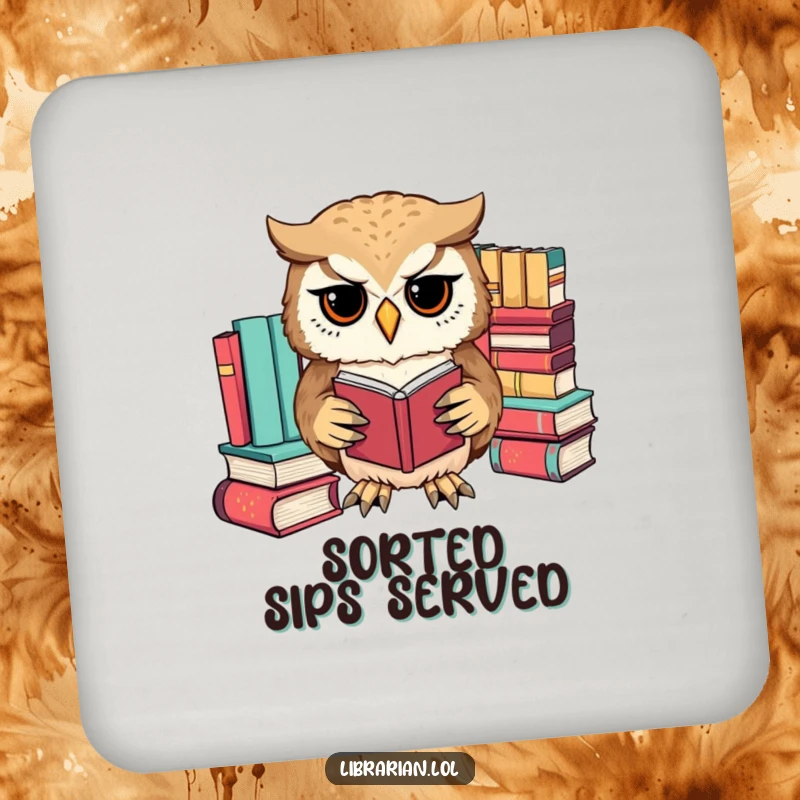 Funny owl meticulously sorting books by color with its paws on drink coasters, protecting furniture with organized flair.