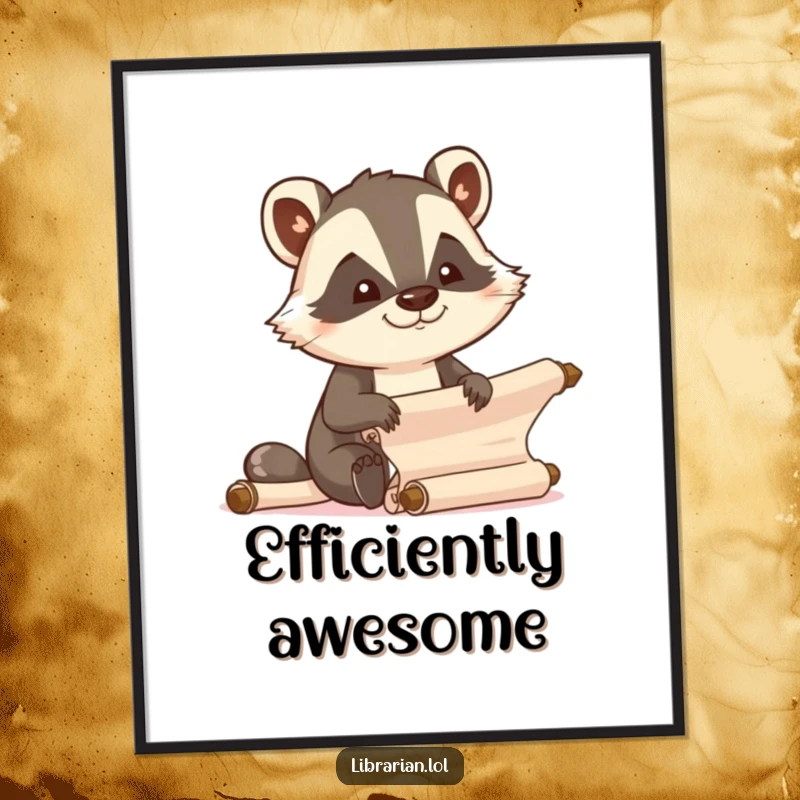 Funny determined cartoon badger efficiently organizing scrolls with focused joy, framed as wall art.