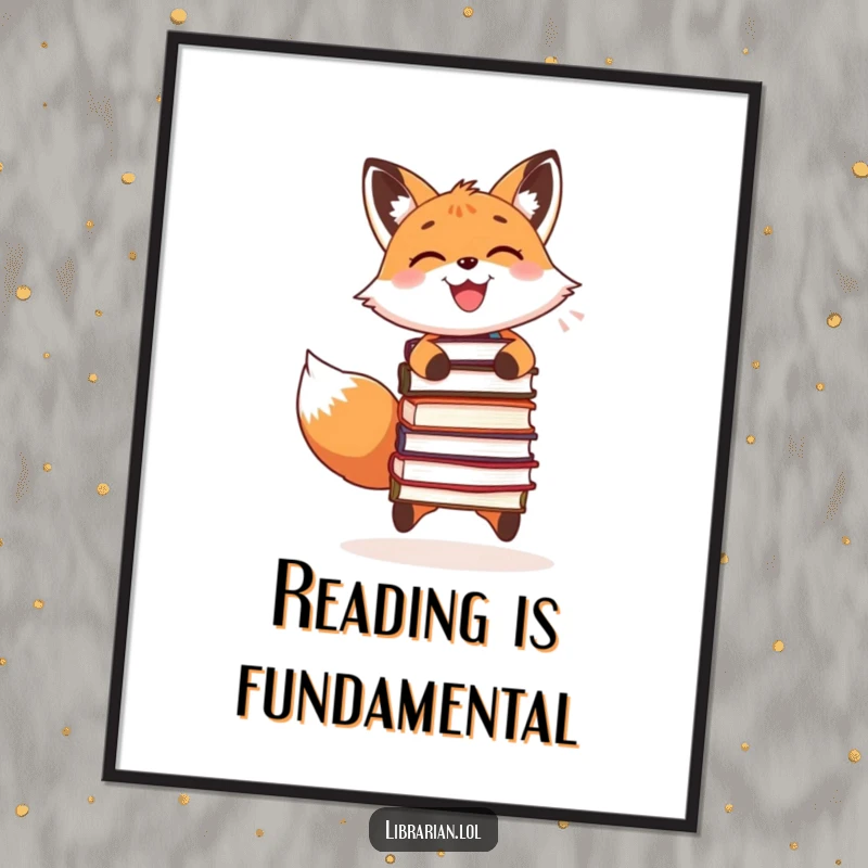 Funny poster art of a smiling fox joyfully juggling three stacked books, adding a whimsical literary touch.