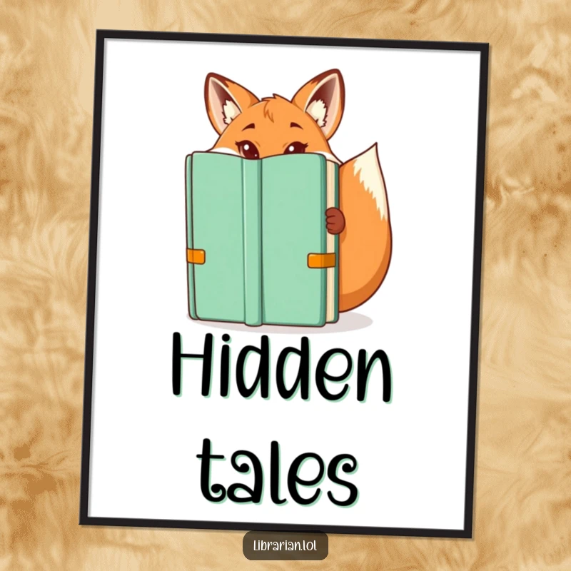Funny poster: A playful fox librarian peeking from a book, a humorous funny gift.