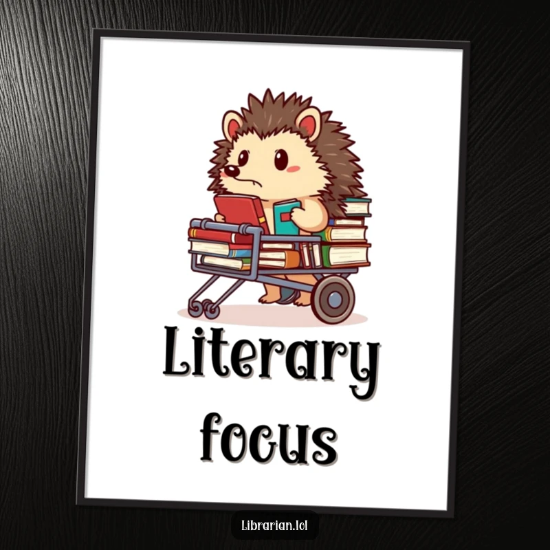 Funny Poster: Determined hedgehog librarian pushing a cart full of books, looking focused, studious wall art.