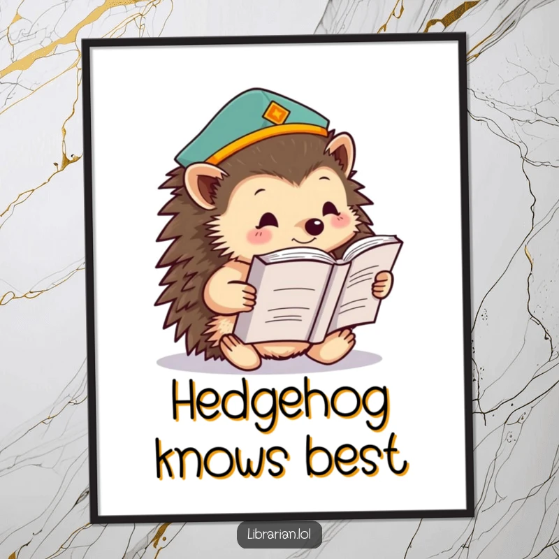 Funny hedgehog wearing a graduation cap, engrossed in a large book, displayed as inspiring wall art on a poster, conveying studious humor.