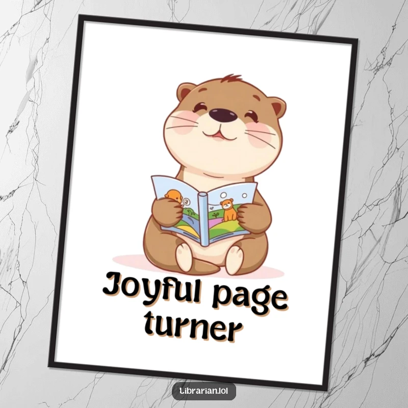 Funny poster featuring a sweet otter enthusiastically showing a picture book, perfect whimsical wall art for kids.