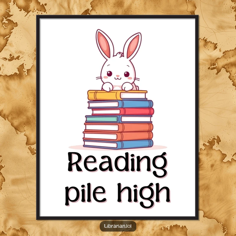 Funny poster art of a playful rabbit peering over a towering pile of books, adding a whimsical literary touch.