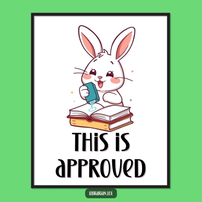 Funny Rabbit Stamping Books Poster: Energetic Art Print, Cheerful Decor