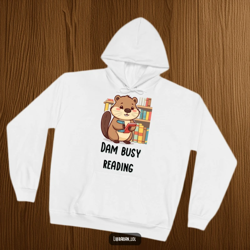 Cozy hoodie featuring a determined beaver tidying a bookshelf, symbolizing focused effort and a love for organized literature.
