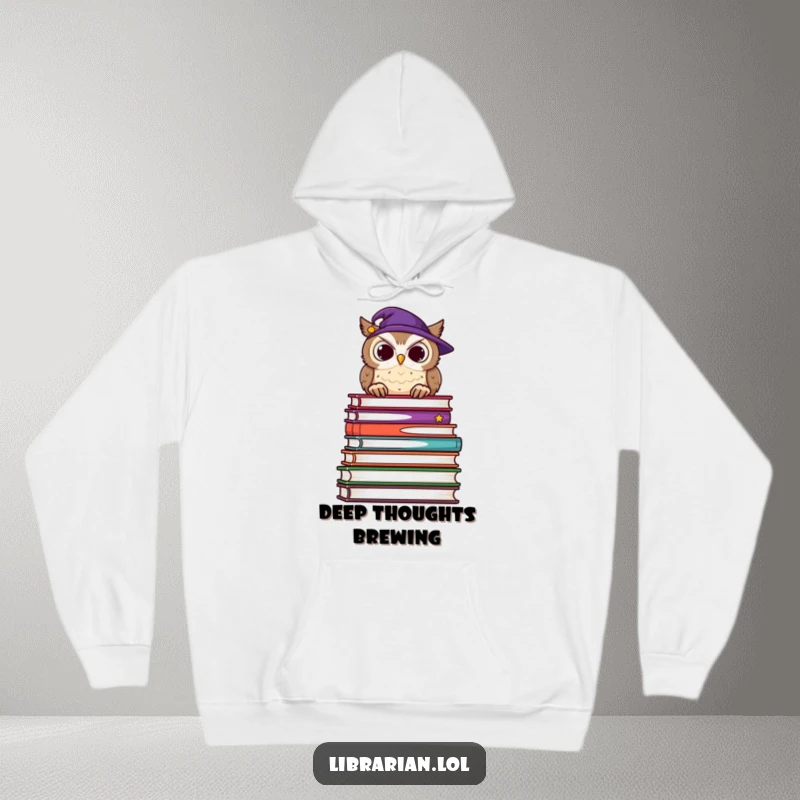 Funny hoodie depicting a wise owl peering over a massive stack of books, radiating calm intelligence and gentle wisdom.