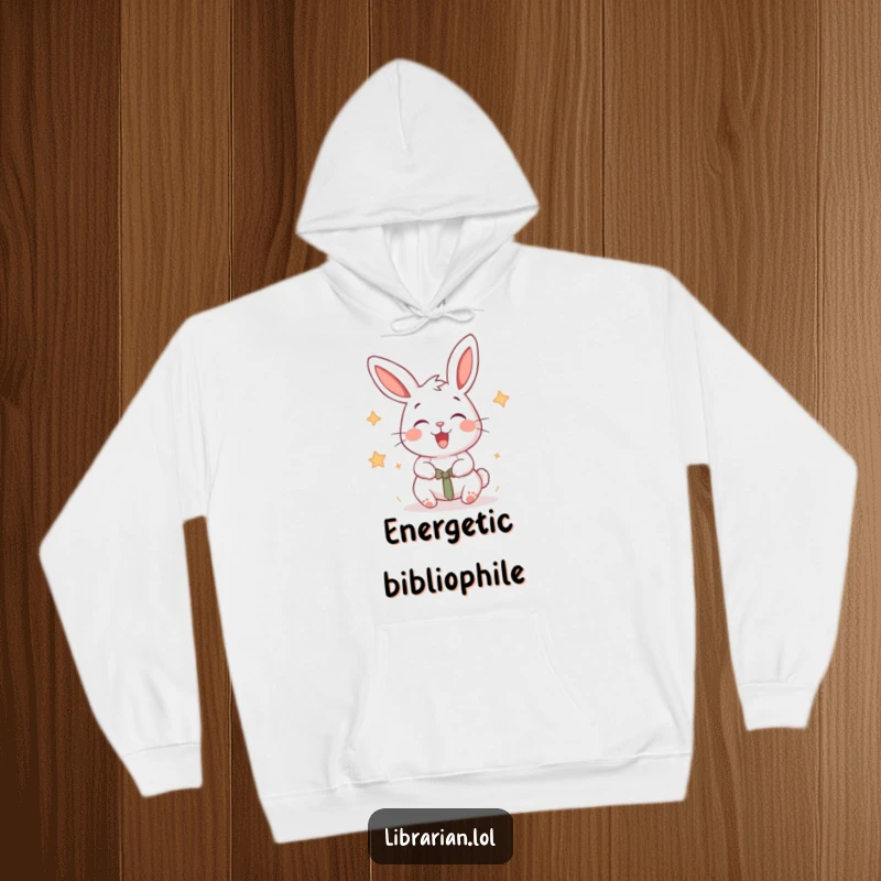 Funny cartoon rabbit energetically stamping books with a happy flourish, on a cozy hoodie.