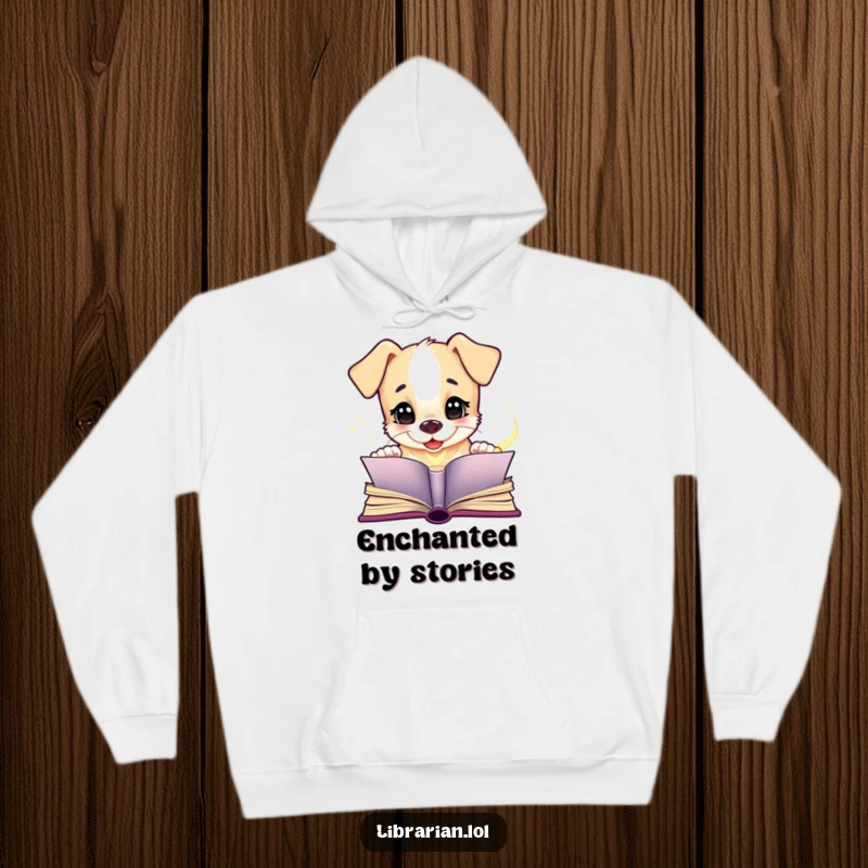 Funny puppy hoodie, giggling with eyes wide at an open, glowing book, offering warmth and magical charm. Perfect for readers.