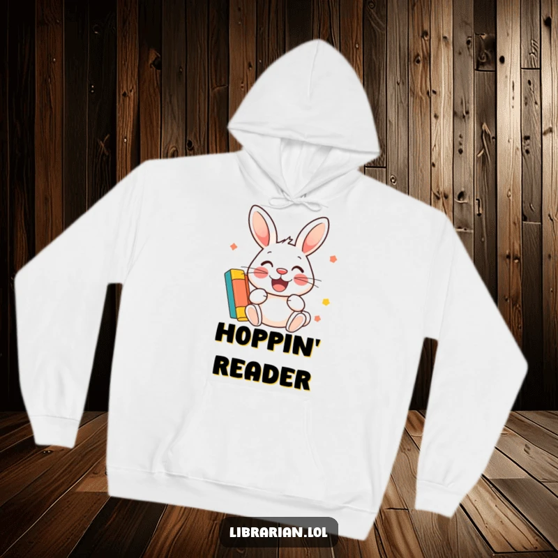 Funny Hoodie: A happy rabbit with a big smile stamps a colorful library card.