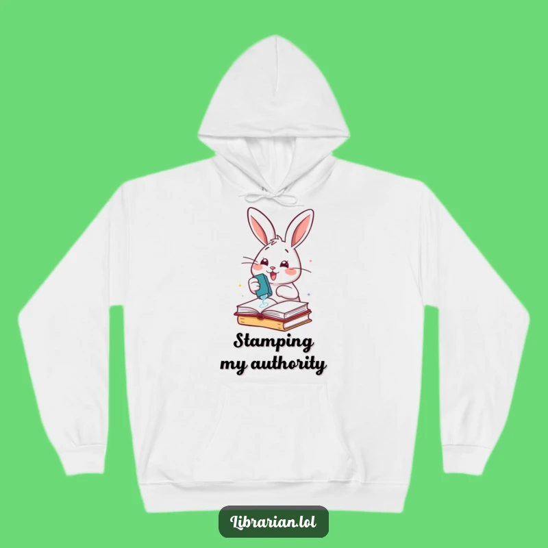 Funny Rabbit Stamping Books Hoodie: Cozy Organizer Wear, Energetic Gift
