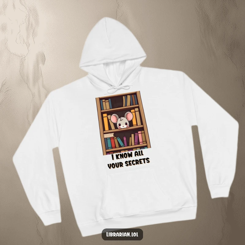 Funny curious mouse hoodie, a small creature peeking out of a giant bookshelf, illustrating a love for literature and comedy.