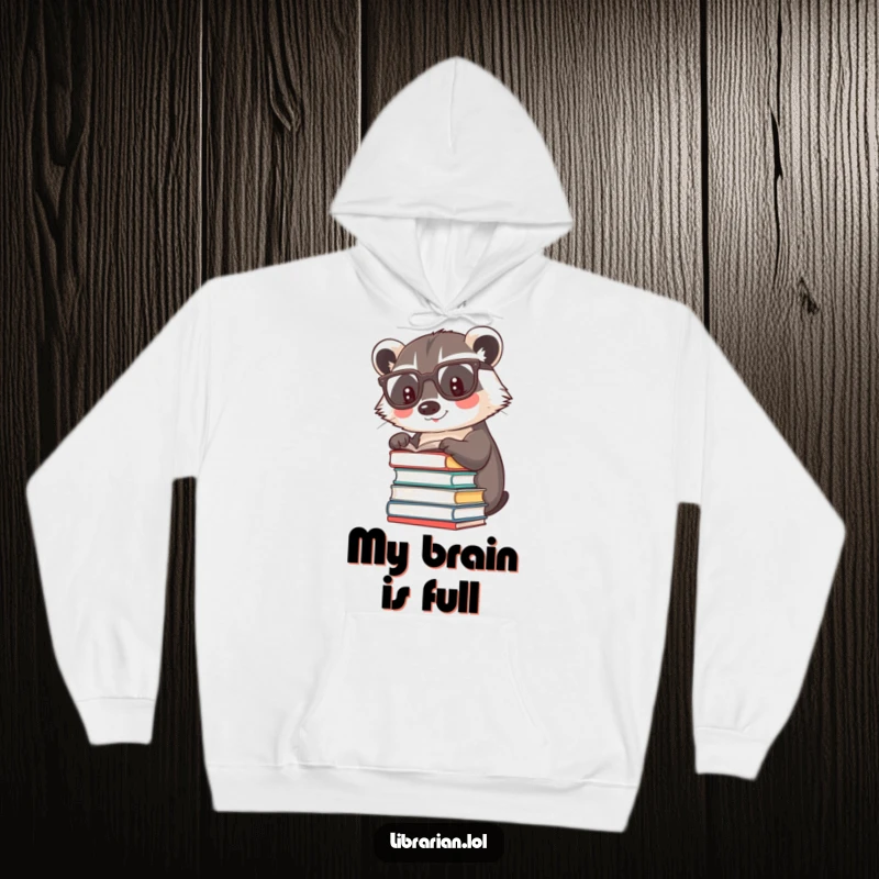 Funny happy badger wearing reading glasses, patting books, on a warm, cozy hoodie.