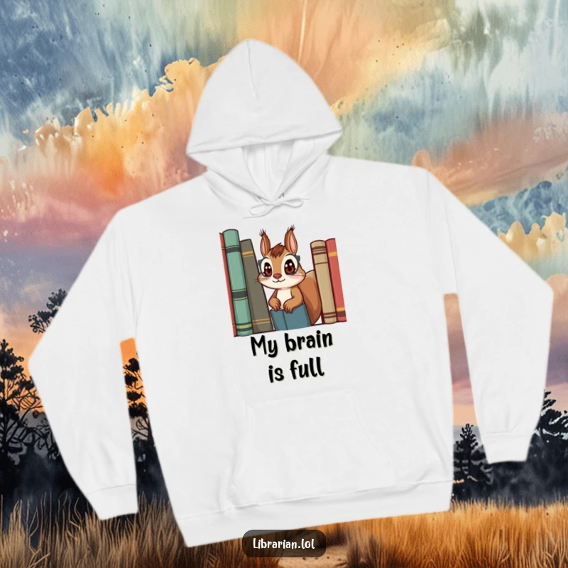 Funny squirrel librarian hoodie, cozy design of a curious squirrel peeking, ideal gift for readers.