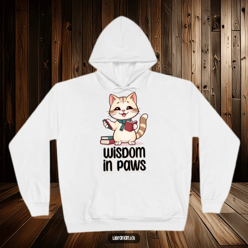 Funny hoodie: A cheerful cat librarian balances three books with paws and tail, ideal for a funny gift seeker.
