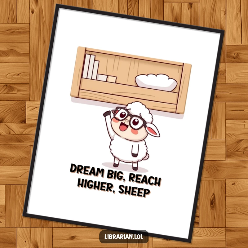 Funny Free Printable Wall Art: Happy sheep wearing glasses, excitedly reaching for a high shelf.