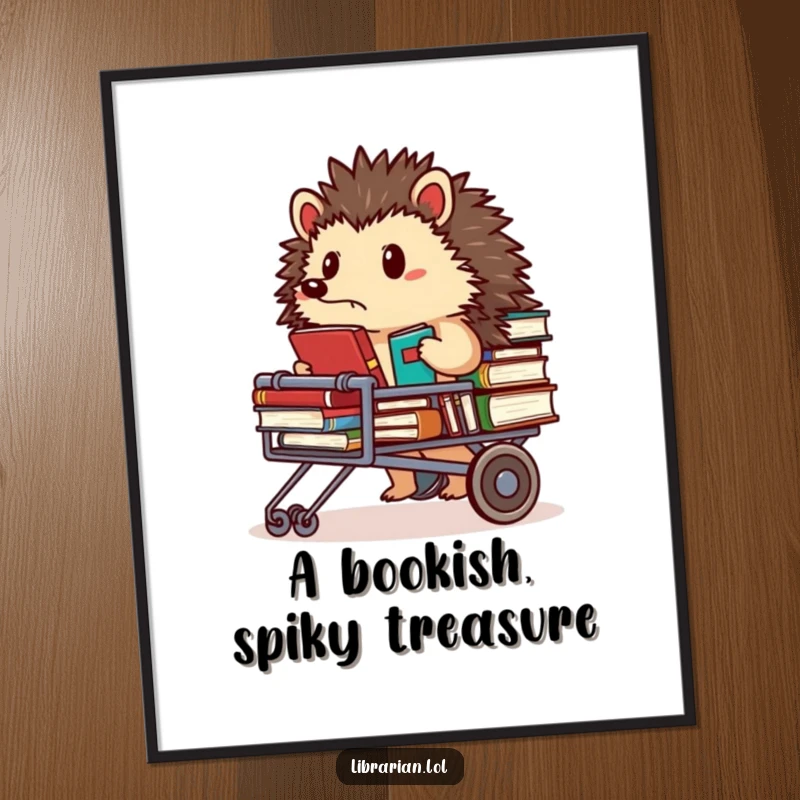 Funny free printable wall art of a determined hedgehog librarian pushing a cart overflowing with books, looking focused.