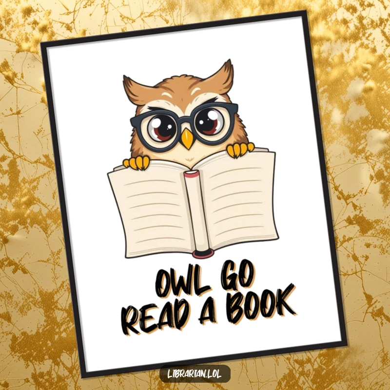 Funny Free Printable wall art of a curious owl wearing glasses peeking over a big book, charming library decor.