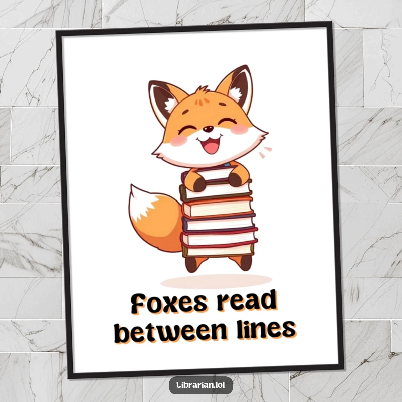 Funny Free Printable Wall Art: A smiling fox joyfully juggles three stacked books, creating a whimsical, intelligent scene.