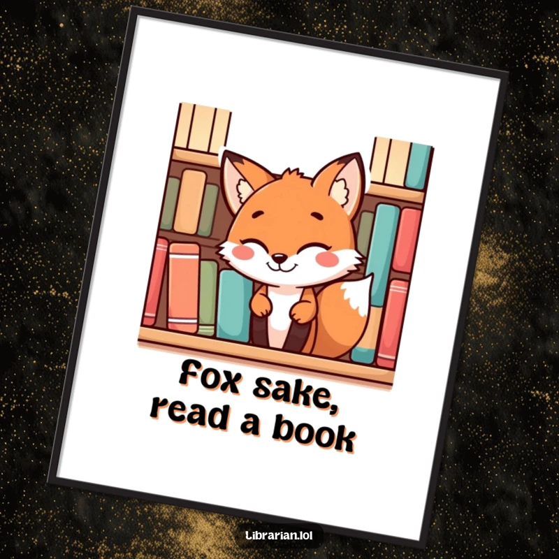 Funny Free Printable wall art of a playful fox peeking from behind a bookshelf with a mischievous grin, library or den decor.