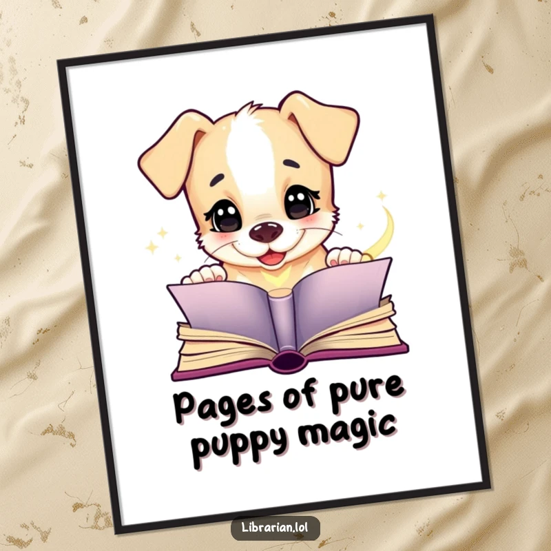 Funny Free Printable Wall Art: A giggling puppy with excited eyes gazing into a magical, open book, full of wonder.