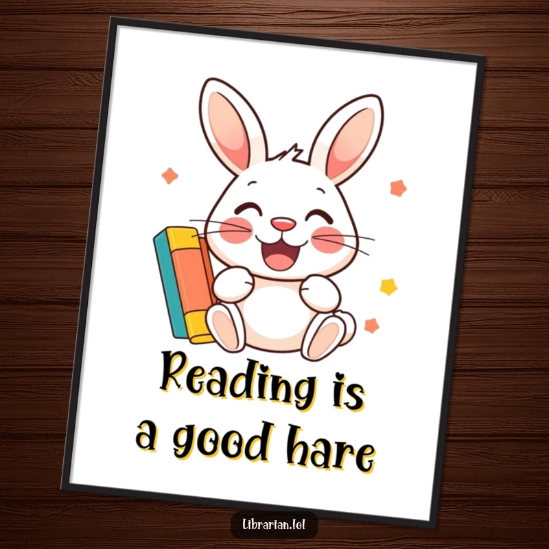 Funny Free Printable Wall Art: A cheerful rabbit with a big smile stamps a very colorful library card.
