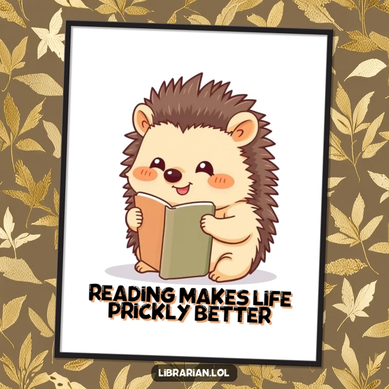 Funny Free Printable Wall Art: A happy hedgehog reading a book, carefully placing a bookmark with a sweet, satisfied smile.