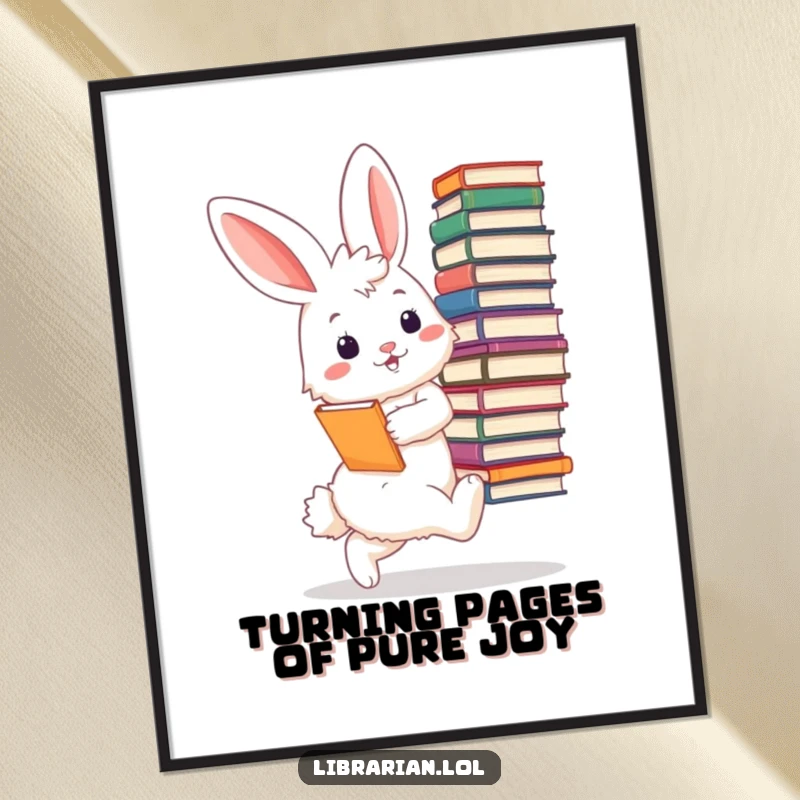 Funny Free Printable Bunny Librarian Wall Art: A fluffy bunny librarian tiptoes with a stack of enormous books, looking very pleased.