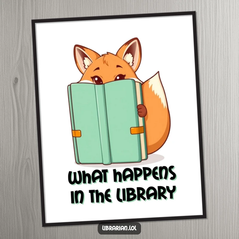Funny Free Printable Fox Librarian Art: A playful fox librarian peeks from behind a large book, eyes full of mischief.