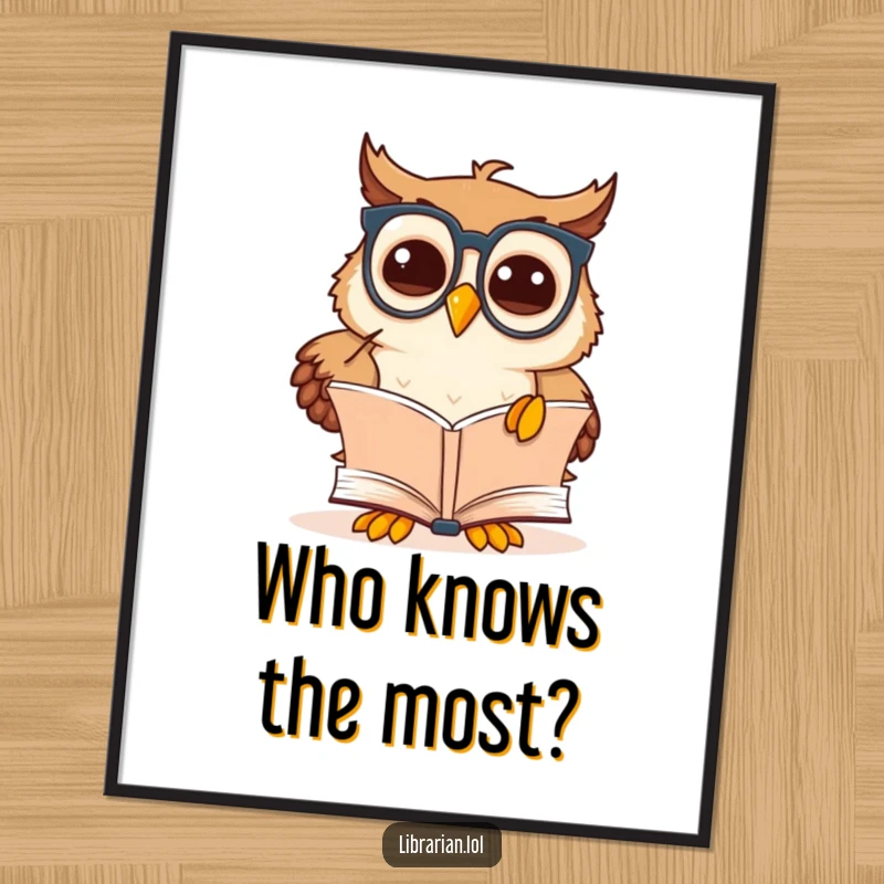 Funny Free Printable Wall Art: Owl wearing spectacles smiles, pointing to an open book in discovery.