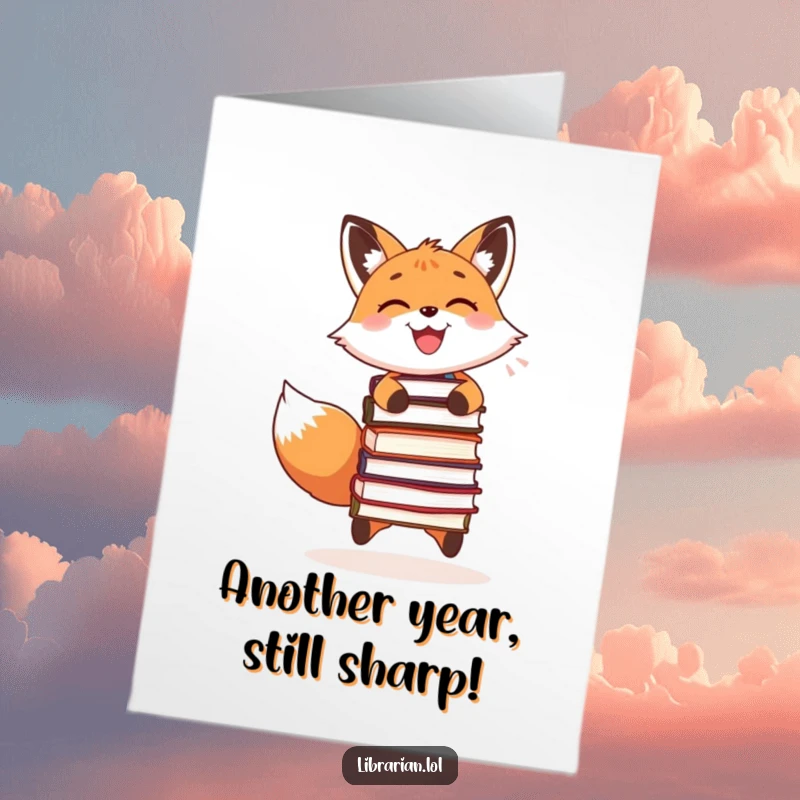 Funny Free Printable Birthday Card: A smiling fox joyfully juggles three stacked books, celebrating intelligence and fun.