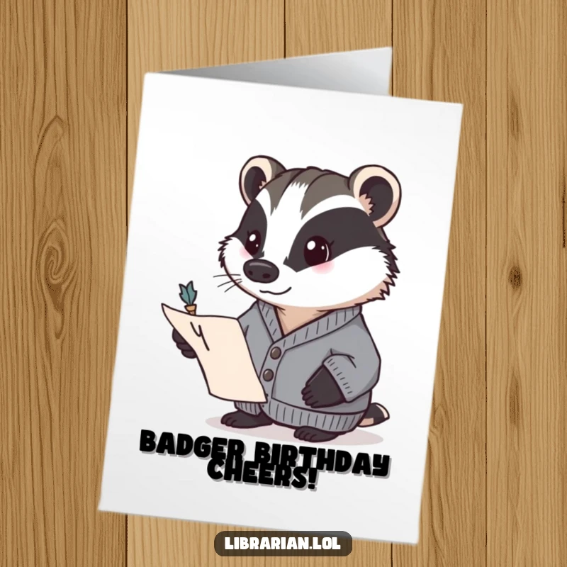 Funny Free Printable Birthday Card featuring a determined badger in a cardigan pointing to a page with a quill, for birthdays.