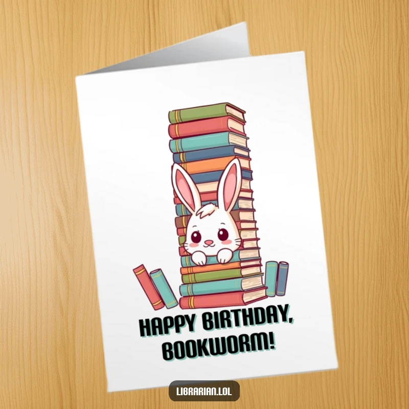 Funny Free Printable Birthday Card: Curious bunny peeking from behind large encyclopedias, celebrating knowledge and birthdays.
