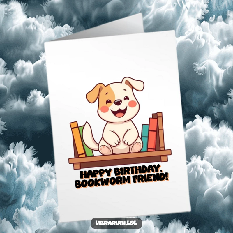 Funny Free Printable Birthday Card: A happy dog smiles while shelving books, tail wagging enthusiastically for a birthday.