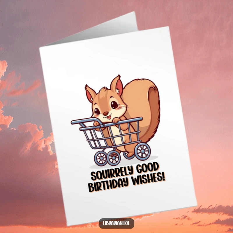 Funny Free Printable Birthday Card: A cheeky squirrel peeks from a book cart, ready to deliver laughs.