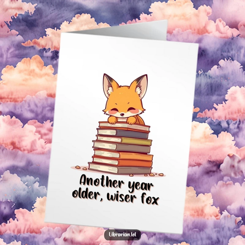 Funny Free Printable Birthday Card: Curious fox with glasses peeking over a stack of old books