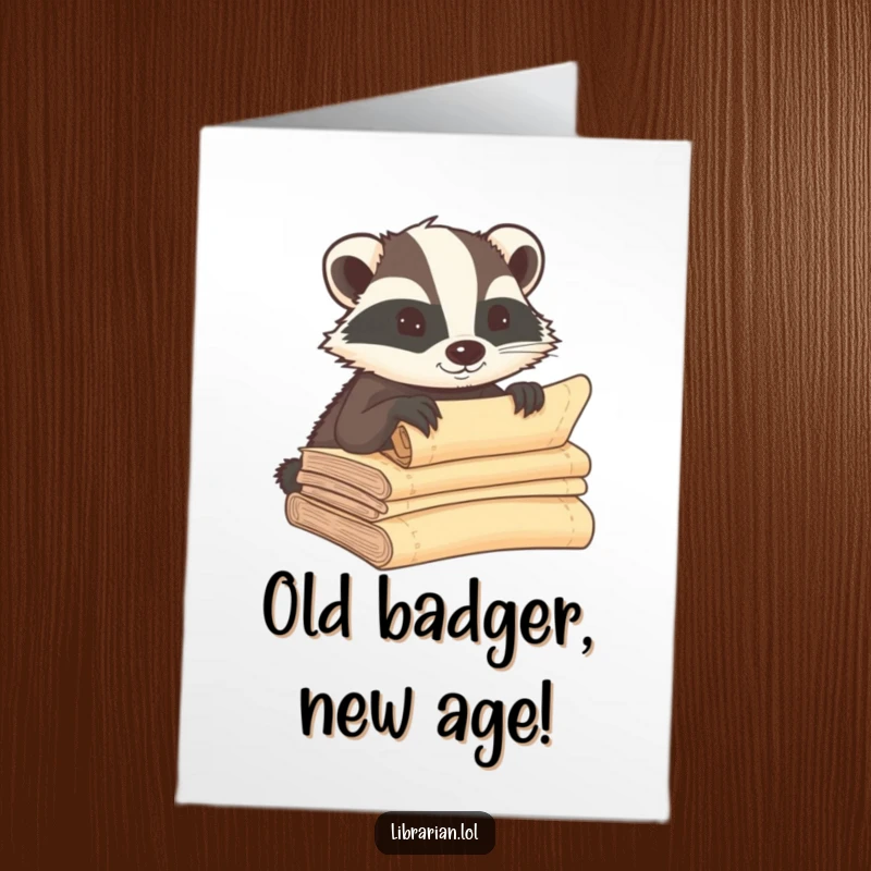 Funny Free Printable Birthday Card: A determined badger leaning in to whisper secrets into a stack of ancient scrolls, a birthday surprise.