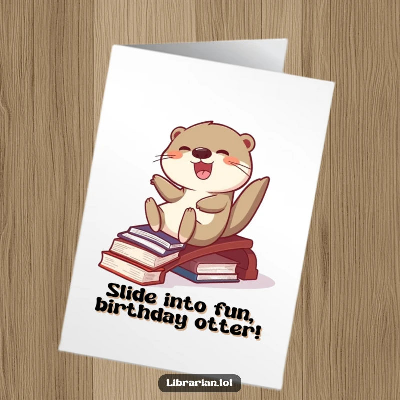 Funny Free Printable Otter Birthday Card: A joyful otter slides down a book ramp with glee, a fun DIY gift.