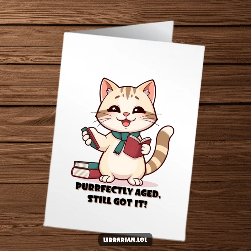 Funny Free Printable Cat Librarian Birthday Card: A giggling cat librarian happily juggles books, tail high, spreading birthday cheer.