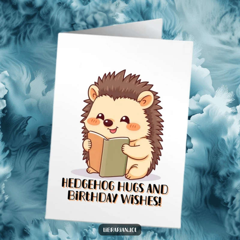 Funny Free Printable Birthday Card featuring a smiling hedgehog placing a bookmark with a look of pure joy and concentration.