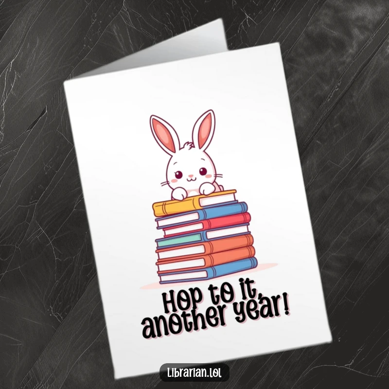 Funny Free Printable Birthday Card: A playful rabbit peeks over a towering pile of books, celebrating a love for reading.