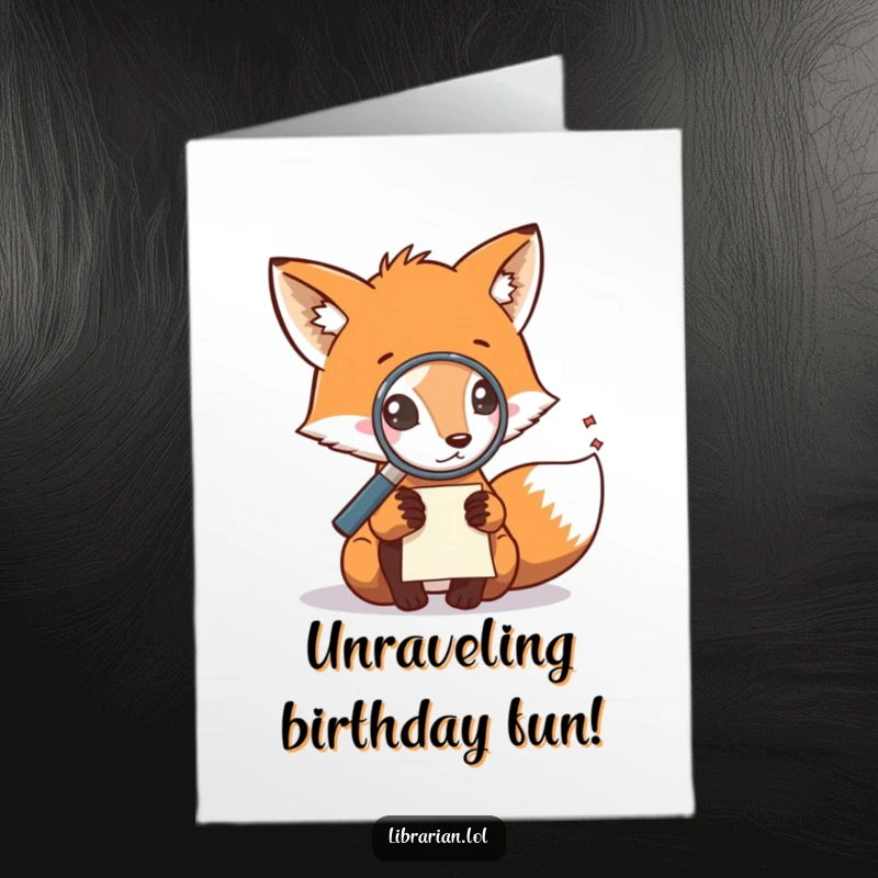 Funny Free Printable Fox Birthday Card, fox with magnifying glass, examining tiny scattered note, curious detective humor.