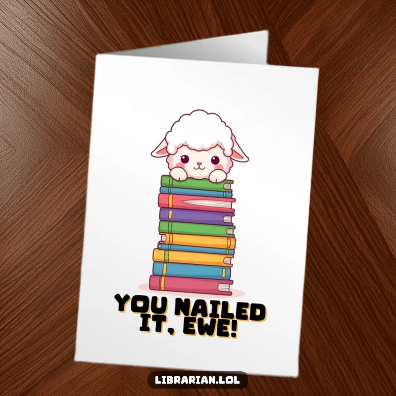 Funny Free Printable Congratulations Card: A fluffy sheep peeks over a massive stack of books, celebrating a triumph.