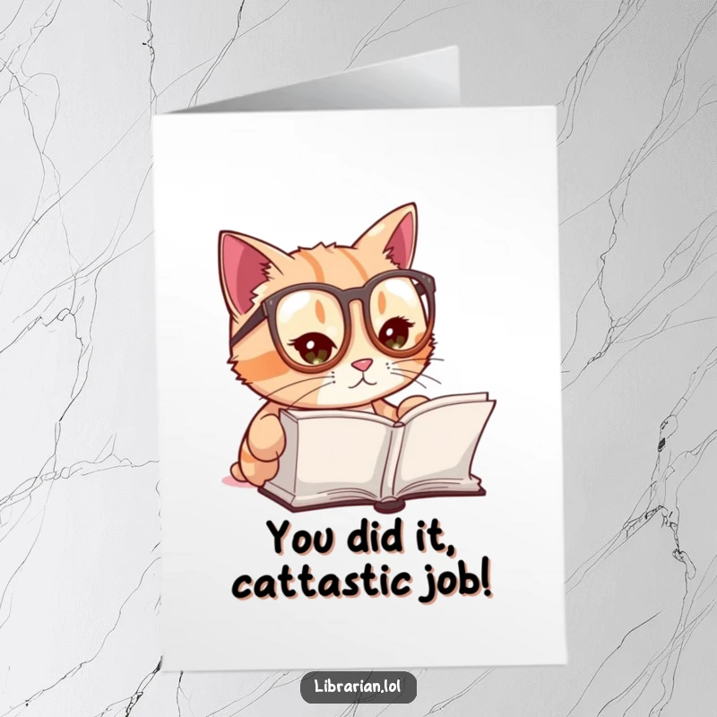 Funny Free Printable Congratulations Card: A studious cat in reading glasses focuses on an open tome, celebrating an achievement.